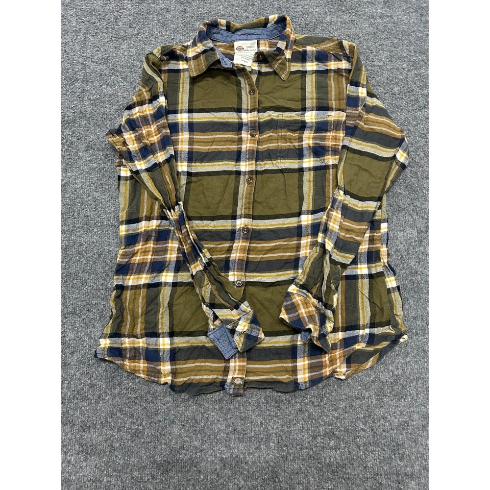 Dickies Flannel Shirt Womens Size M Olive Green Yellow Plaid Cotton Long Sleeve